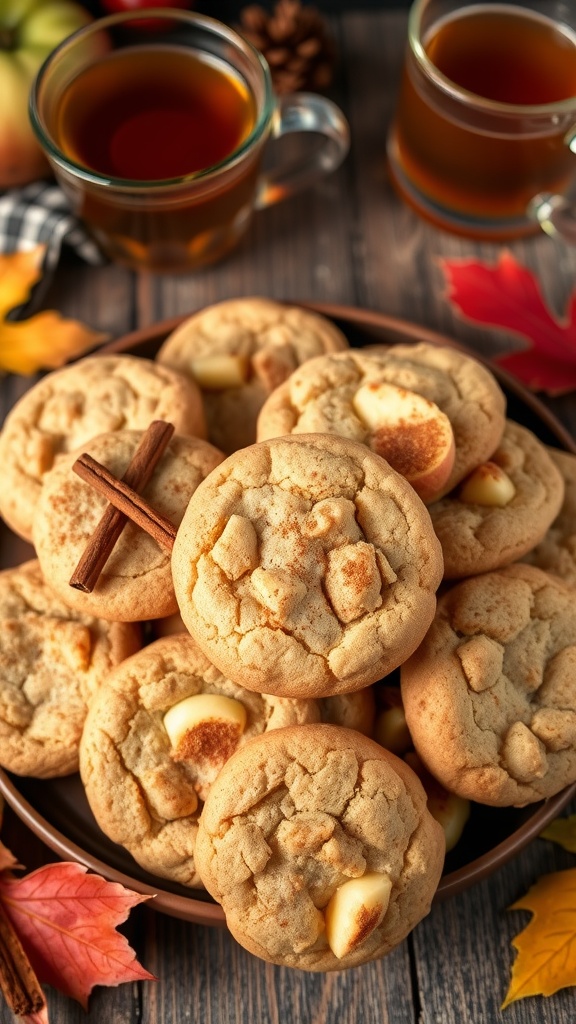 A plate of spiced apple cider cookies with bits of apple, set in a warm autumn background.